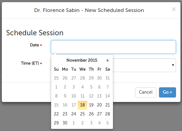 Calendar menu for selecting a session date