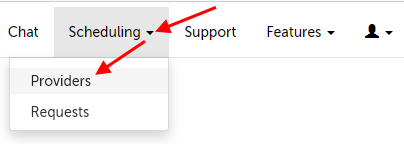 Arrow pointing at the Scheduling tab, and then at the Providers option