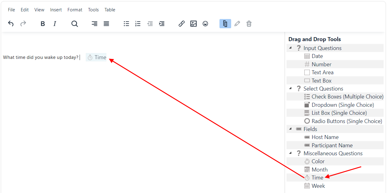 Arrow pointing at the Time field and its potential placement